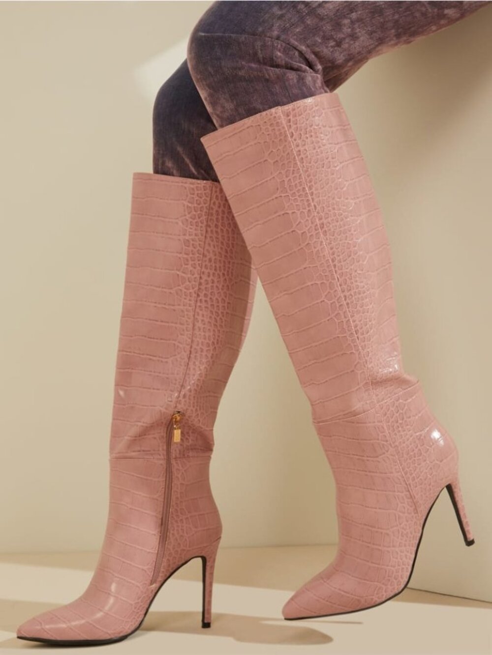 Guess Pink Vegan Croc Pointed Toe Knee High Stiletto Boots | Sexy Baddie Barbie - Picture 1 of 16